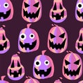 Halloween smiling pink pumpkins on purple seamless pattern